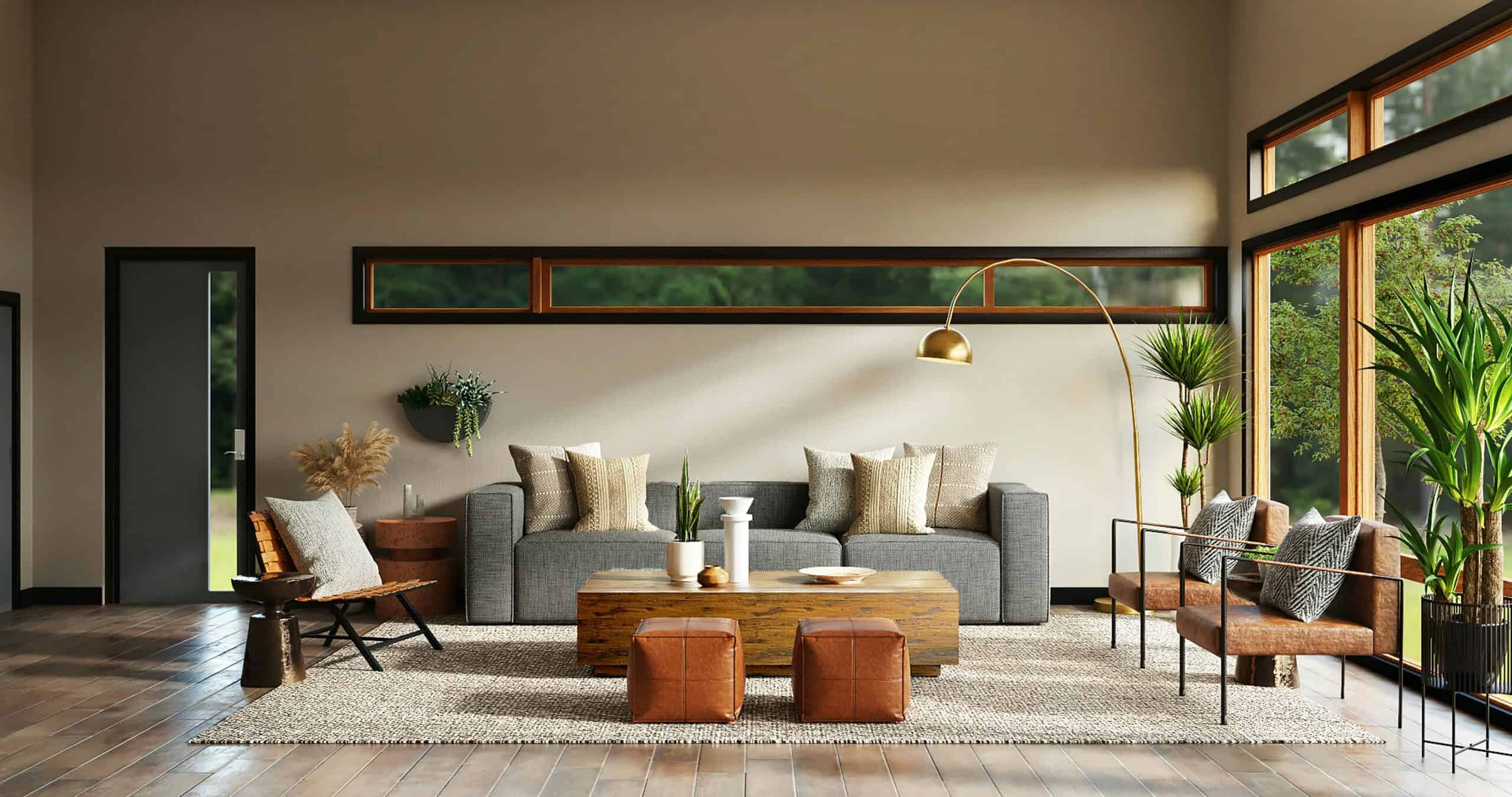Small, bright living room with a gray sofa, gold arc floor lamp, and potted plants demonstrating space-saving small apartment decor ideas