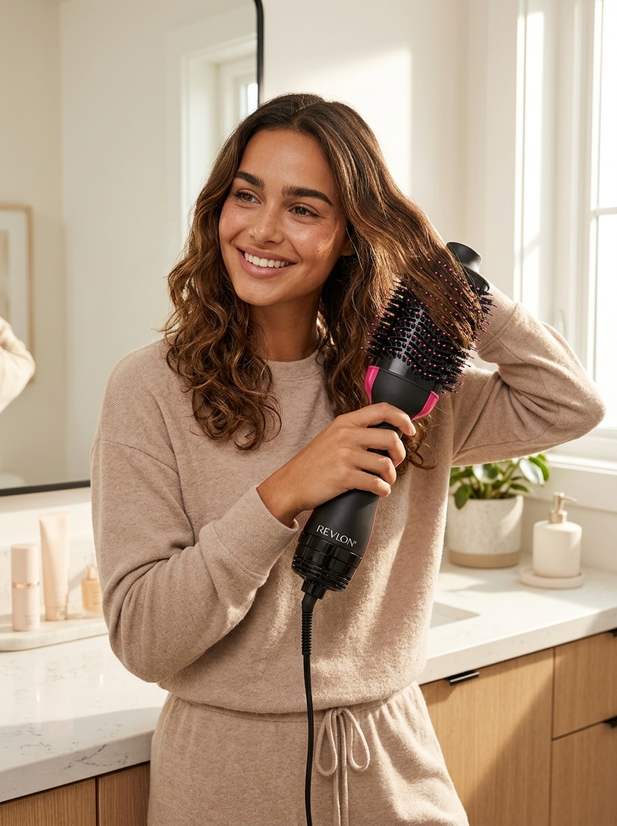 NestNova lifestyle model holding Revlon One-Step Volumizer brush in a warm modern bathroom, natural wavy hair